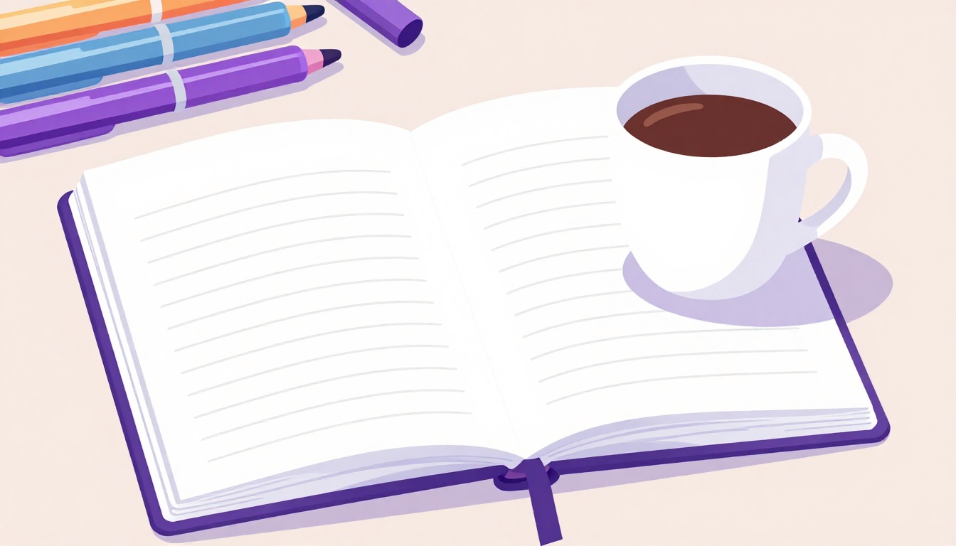 Caderno aberto sobre a mesa com canetas coloridas ao lado de uma xícara de café, clima de journaling motivacional