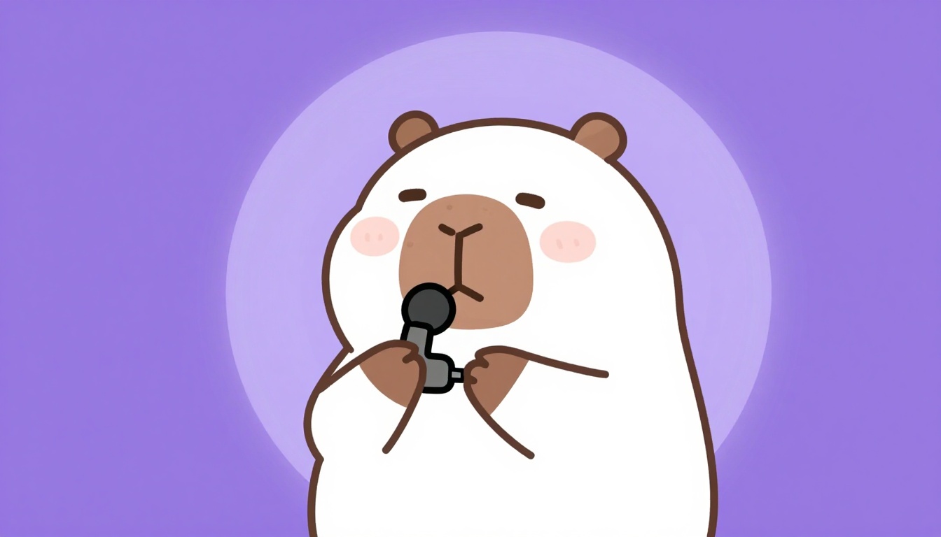Capivara Capy sorridente falando animada em um microfone com um leve brilho de confiança ao redor, sem nenhum texto na cena