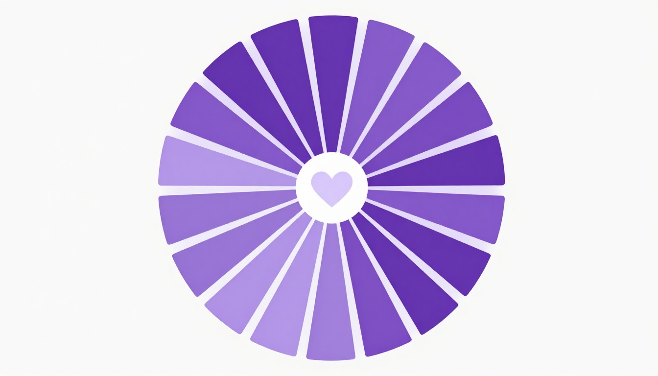 Roda de emoções em tons de roxo com um coração no centro, ilustrando a lista de sentimentos em inglês