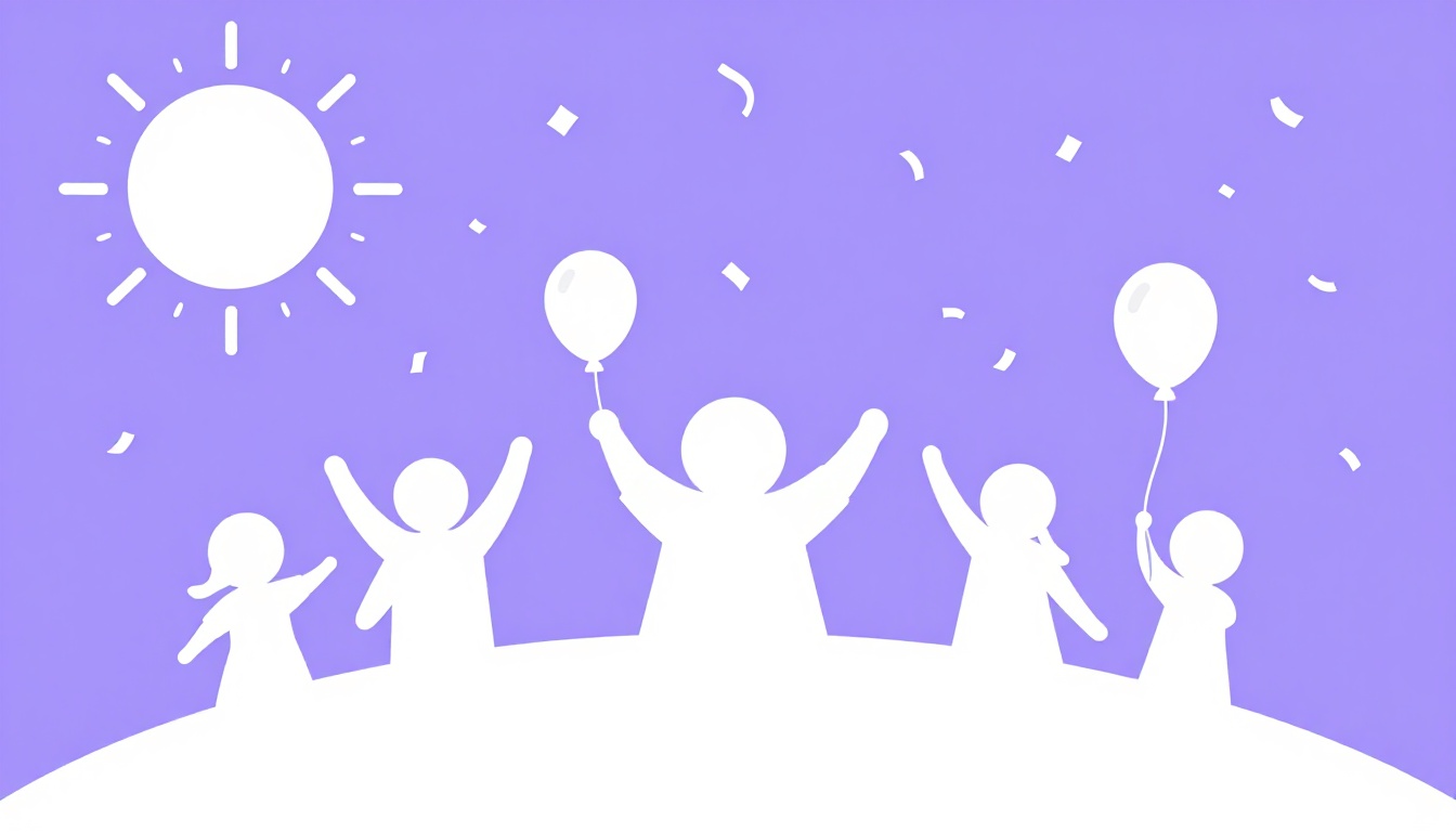 Sol, confetes, balões e pessoas comemorando, ilustrando os sentimentos positivos em inglês