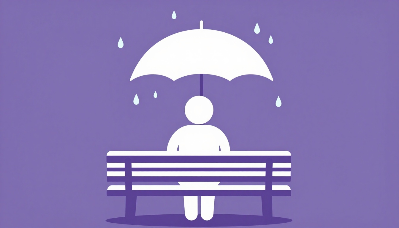 Pessoa sentada em um banco sob um guarda-chuva na chuva, ilustrando os sentimentos negativos em inglês