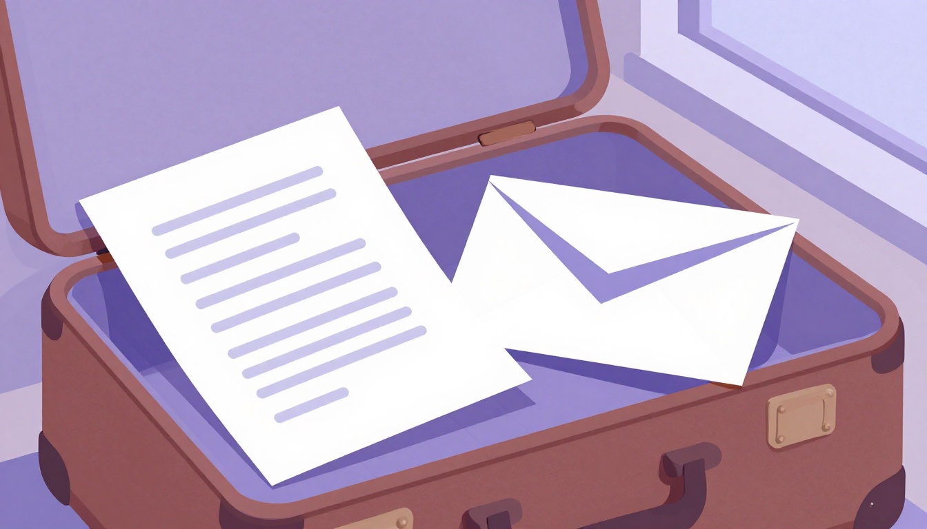 Mala aberta com uma carta e um envelope, ilustrando a saudade e os sentimentos em inglês