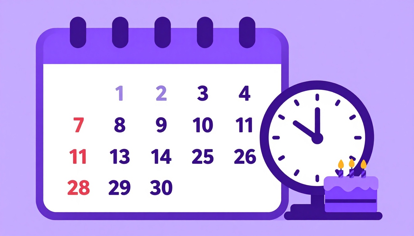 a calendar page next to a clock and a small birthday cake with candles