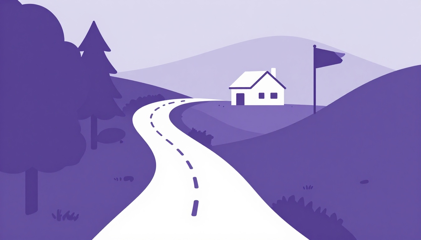 a forest path splitting into two trails, one curving toward a house and one toward a hilltop