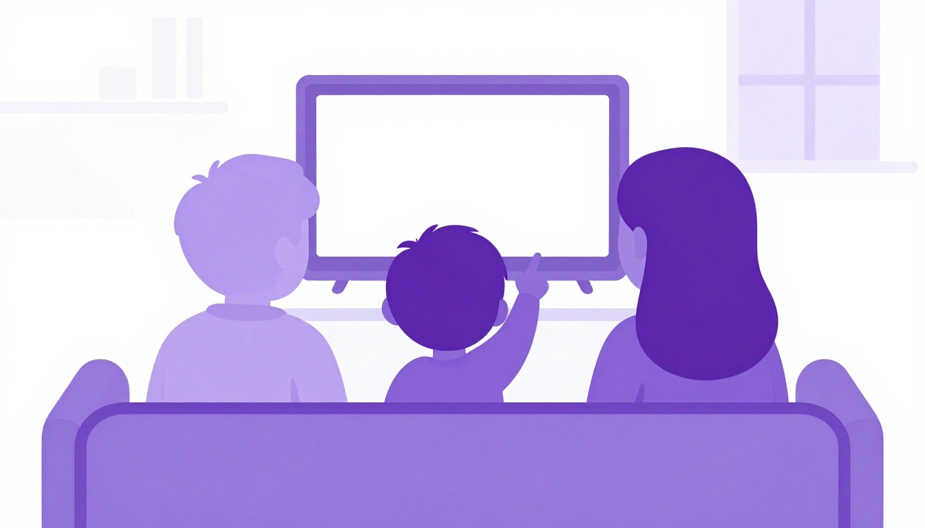 Família assistindo desenho animado em inglês juntos no sofá para aprender o idioma