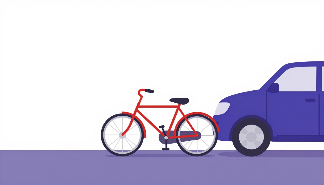 a red bicycle leaning against a wall next to a blue car on a quiet street