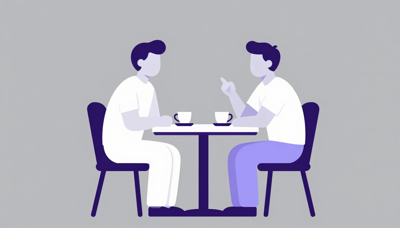 two people talking closely at an outdoor cafe table with cups of coffee between them