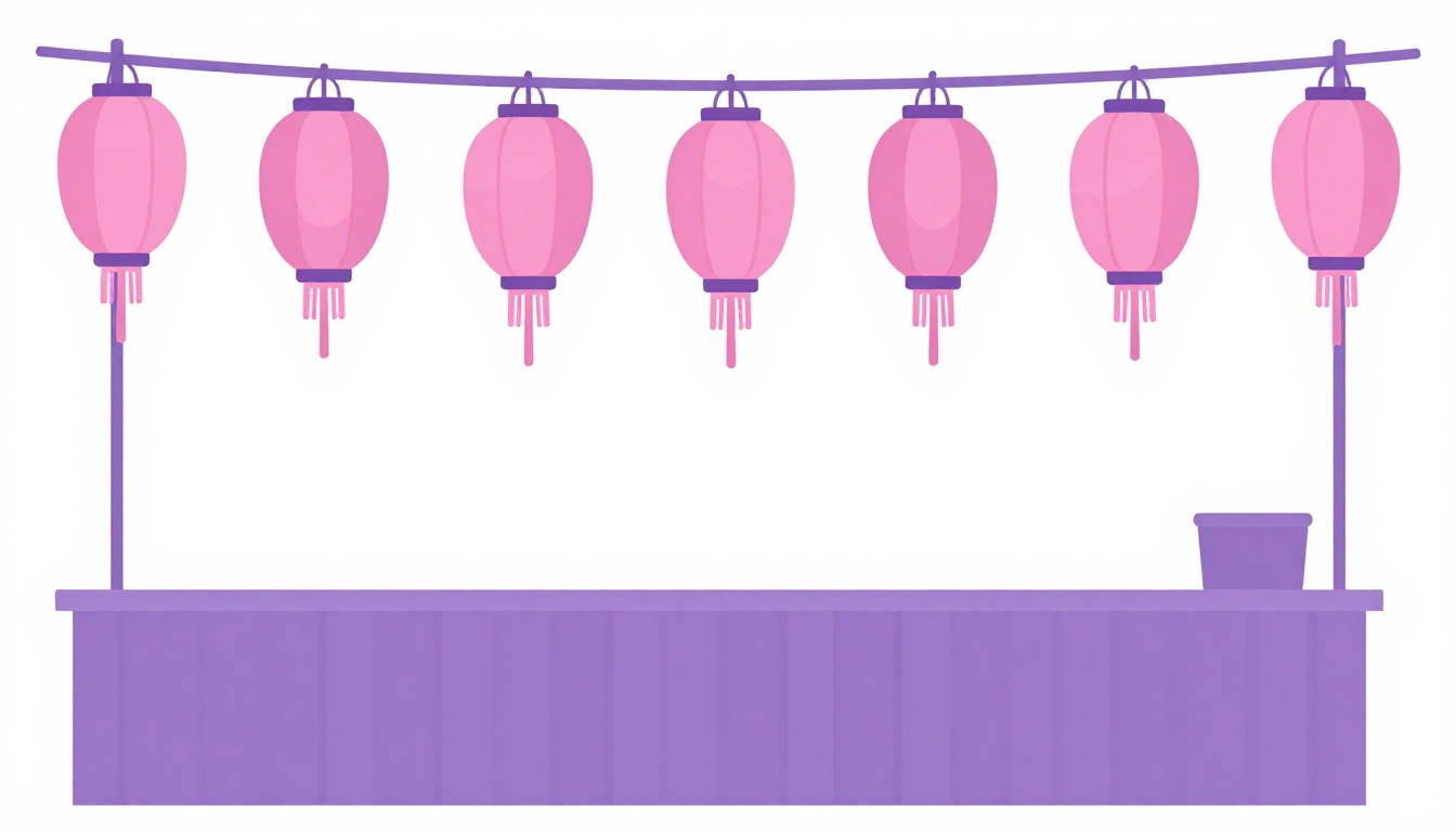 a row of matching pink lanterns strung above an outdoor market stall