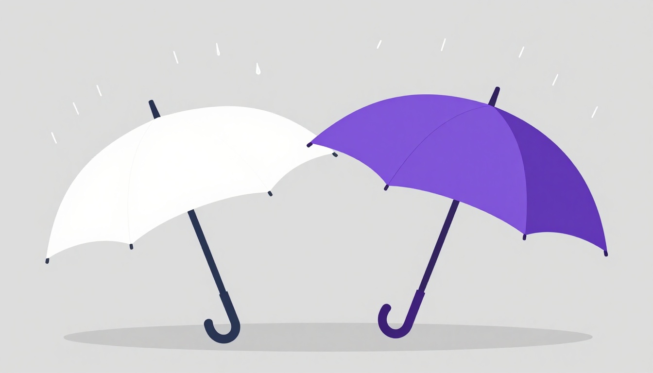 two mismatched umbrellas leaning against each other during a light rain