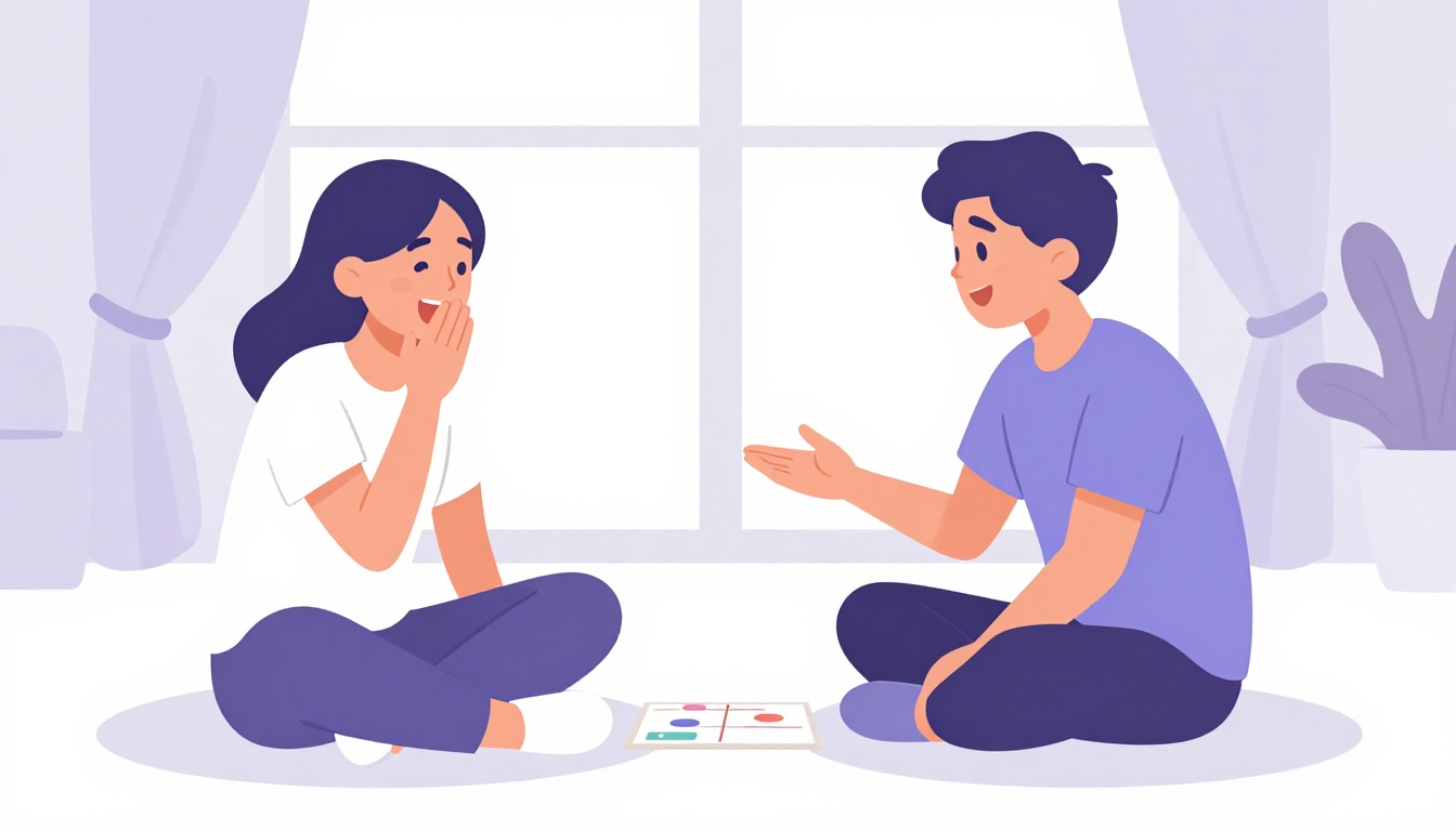 Two siblings play-arguing and laughing loudly over a board game at home