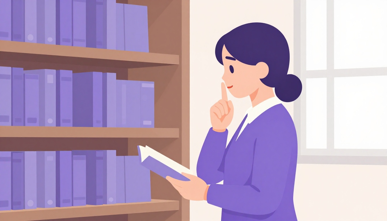 A librarian gently gesturing for quiet in a hushed library reading room