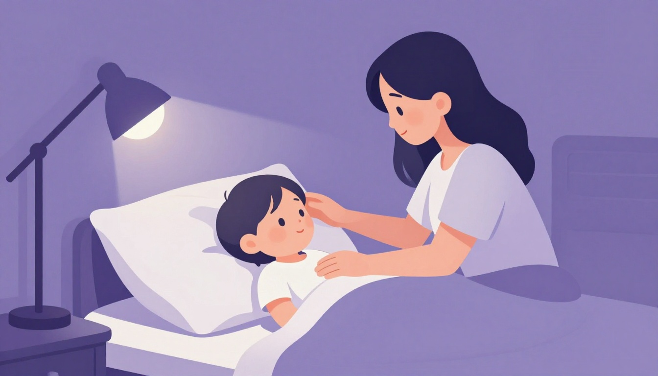 A parent gently soothing a young child to be quiet at bedtime in a softly lit bedroom