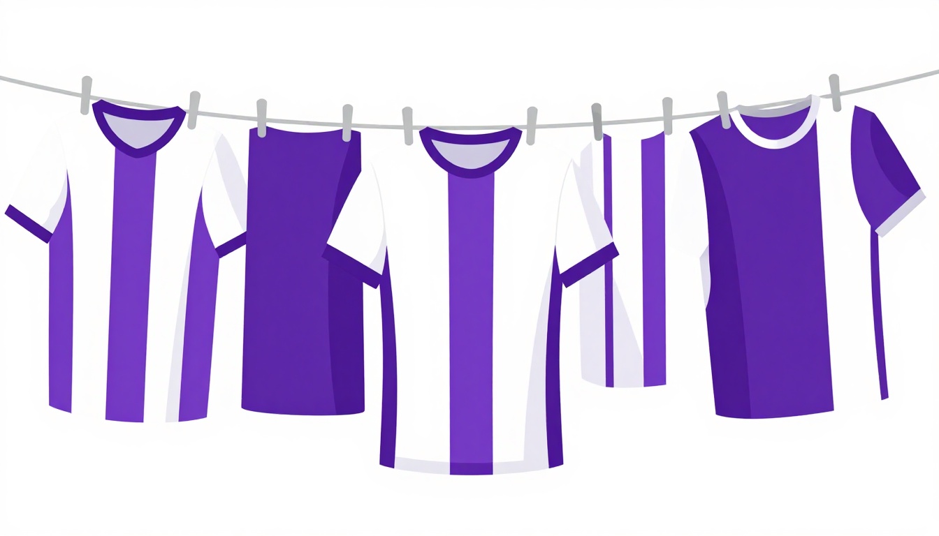 Camisas de time penduradas em um varal, cada uma de uma cor diferente