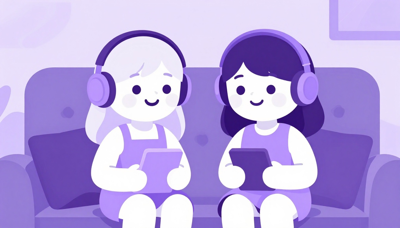 Two sisters sharing headphones on a sofa, illustrating the word sister in Portuguese