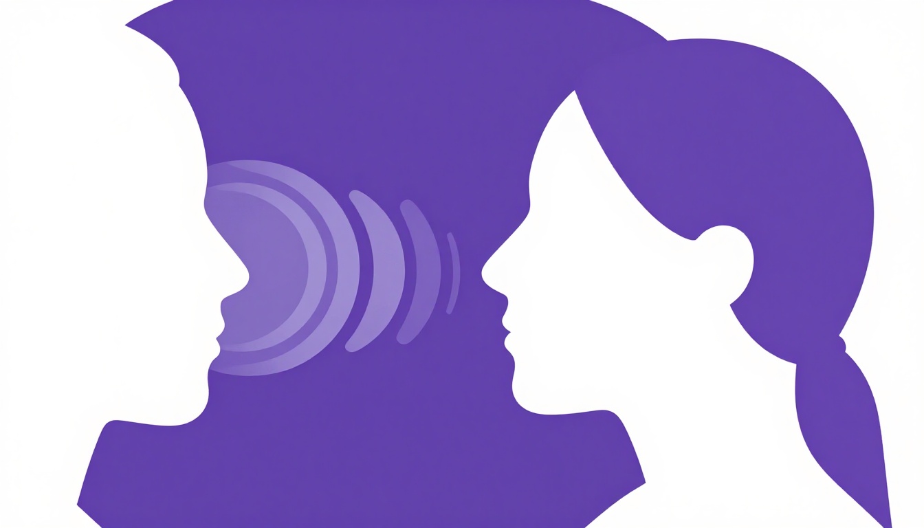 Two people in profile with sound waves between them, showing how to pronounce the nasal vowel in irmã