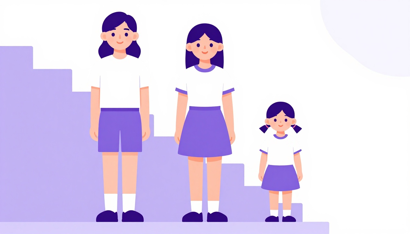 Three girls of different heights standing in a row, showing older, younger and youngest sister in Portuguese