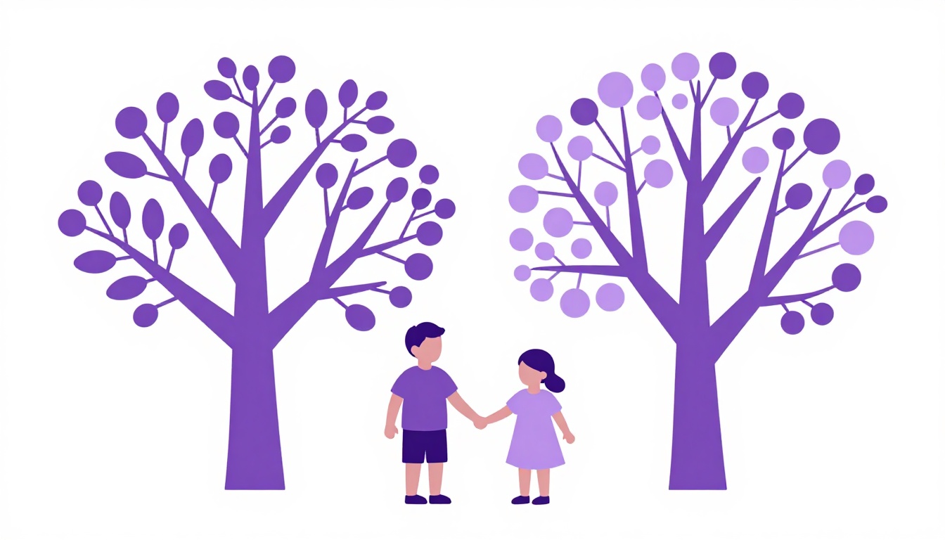 A family tree with two trees whose branches intertwine, showing half sisters and stepsisters in Portuguese