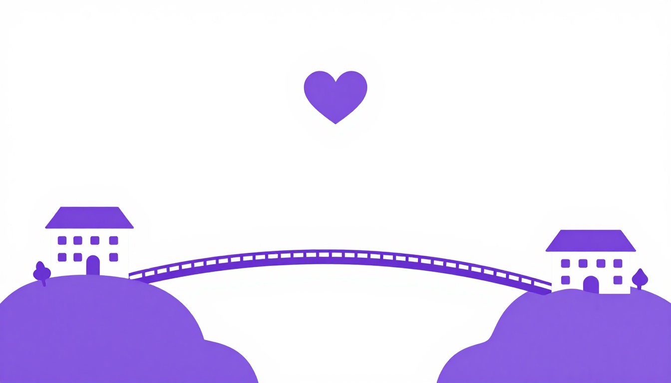 Two small towns on hills linked by a bridge under a heart, showing sister cities in Portuguese