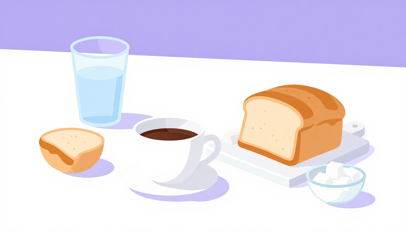 Uma xícara de café, um pão fatiado sobre uma tábua, um copo de água e uma tigela de açúcar em cubos sobre uma mesa de cozinha