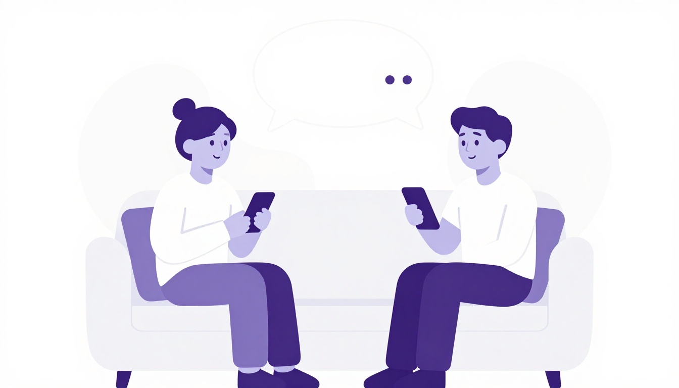 Duas pessoas conversando no sofá, uma segurando um celular com um balão de fala vazio entre as duas, representando prática de conversação falada