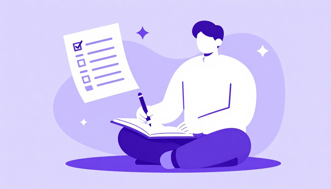 Uma pessoa sentada no chão escrevendo em um caderno com uma lista de tarefas concluídas flutuando ao lado, representando a prática de exercícios