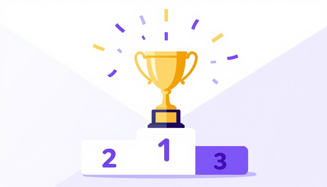 Troféu dourado em cima de um pódio de premiação com confete caindo, representando o superlativo the best