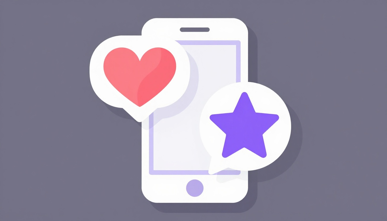 Celular com um ícone de coração e um de estrela flutuando acima da tela, representando curtidas em redes sociais