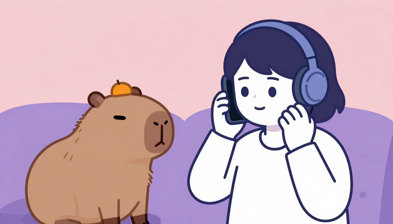 pessoa falando ao telefone com fones de ouvido praticando inglês em voz alta, com um capivara ao lado ouvindo