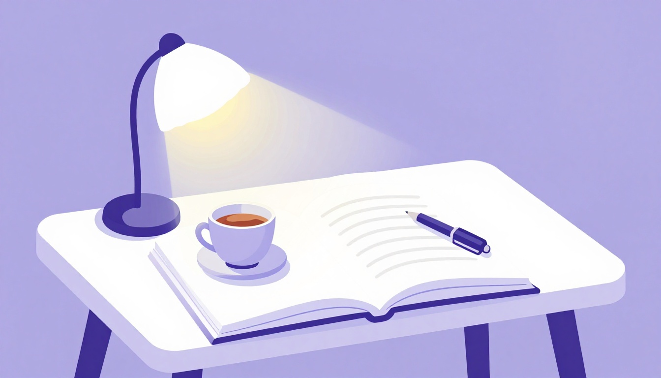 Mesa de estudos à noite com caderno aberto e caneta ao lado de uma xícara