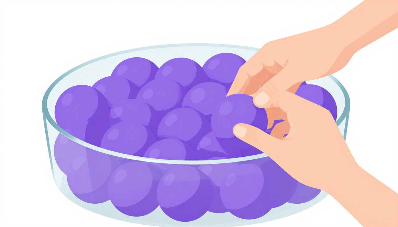 Una mano saca una bola de un recipiente de cristal lleno de bolas moradas, como el sorteo de temas de la oposición