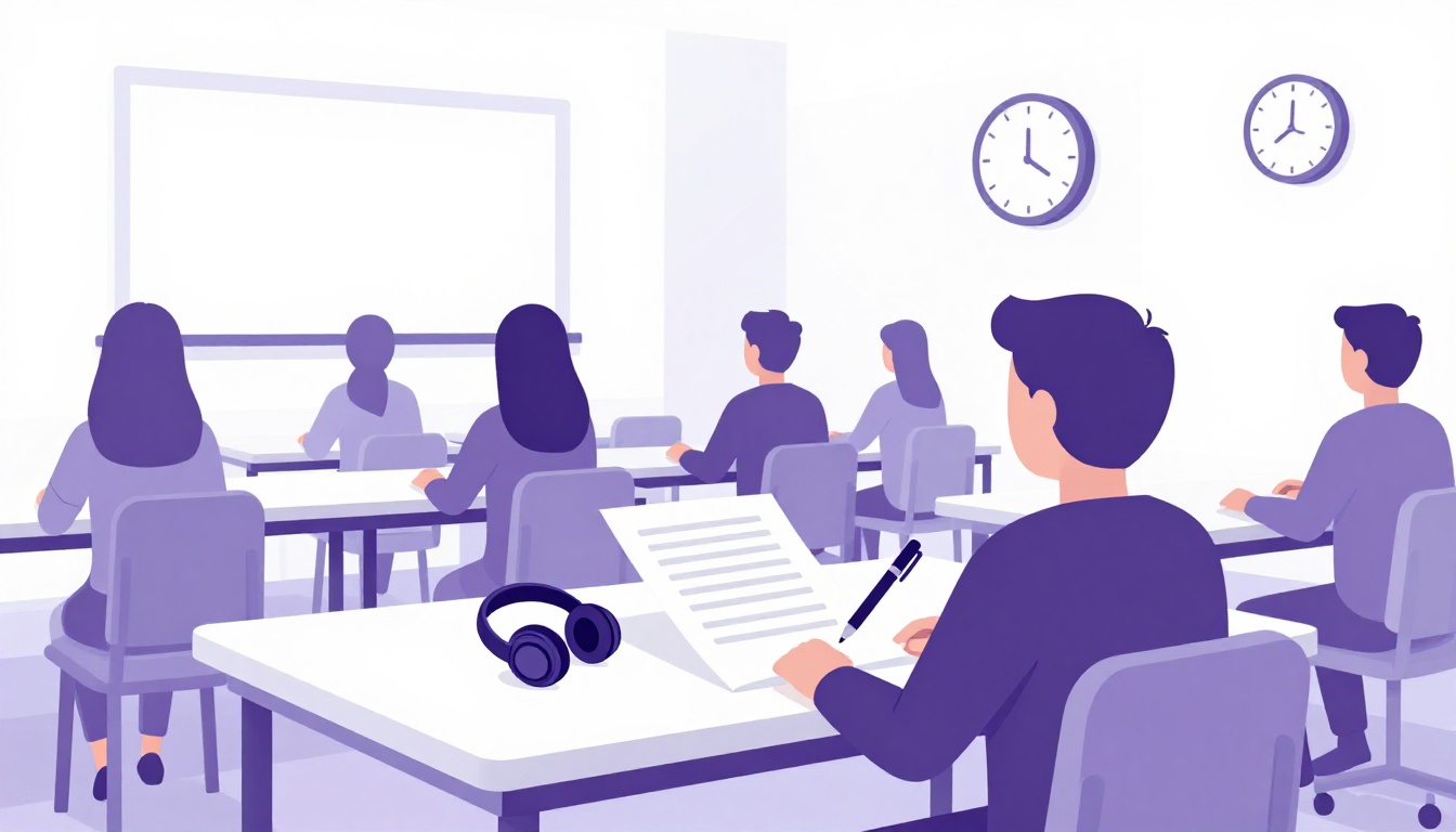 Aula de examen con pupitres, relojes, una hoja de texto y unos auriculares para el listening de la oposición