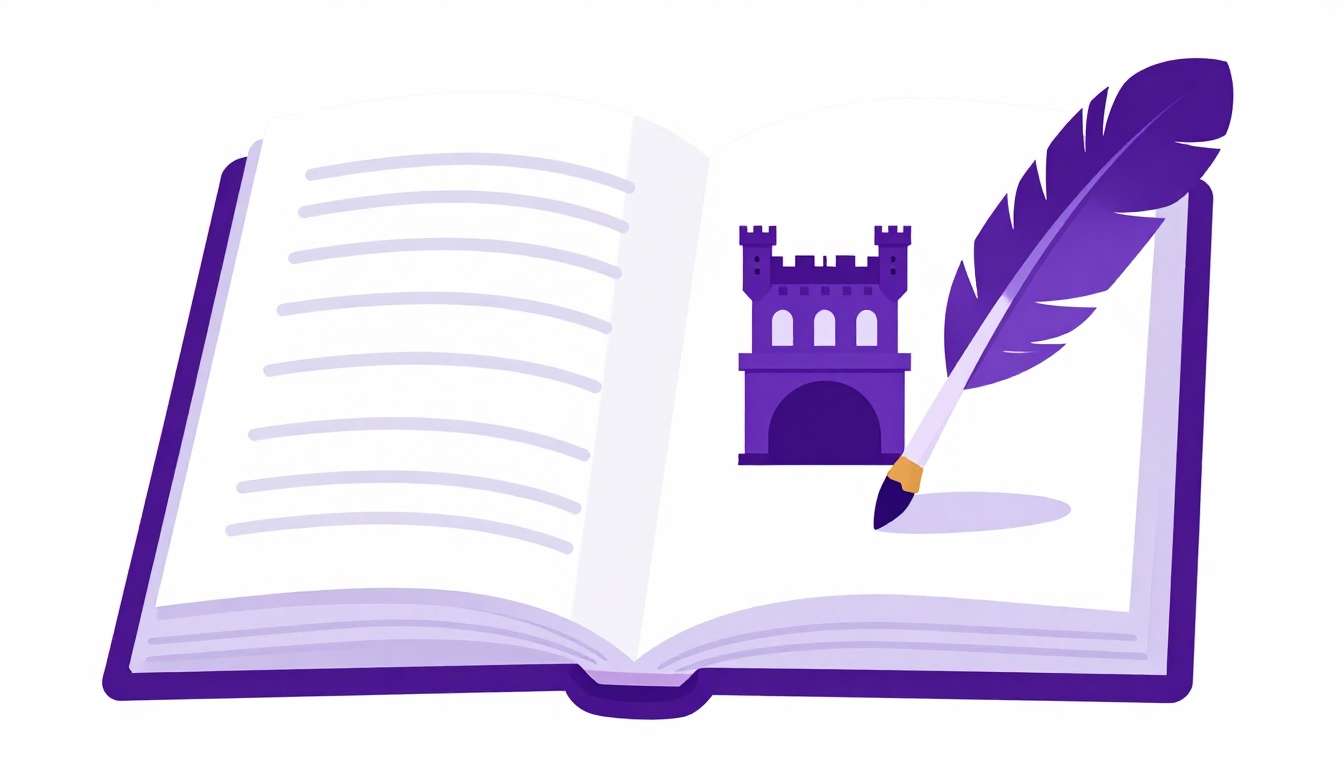 Libro abierto con una pluma y un castillo medieval que representa la literatura inglesa del temario