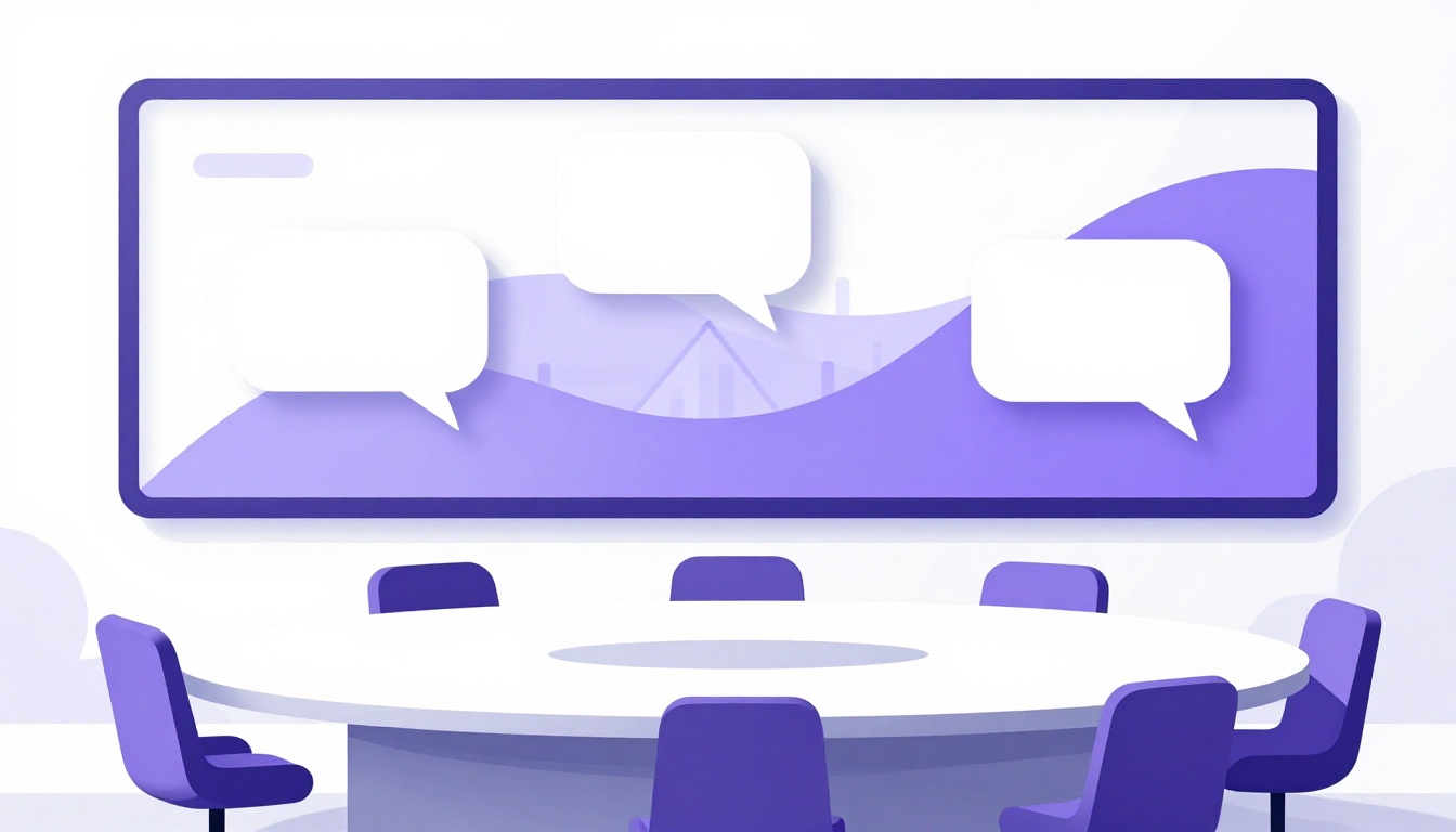 Sala de reunião moderna com mesa oval e balões de fala vazios, ilustrando os termos corporativos em inglês usados em reuniões