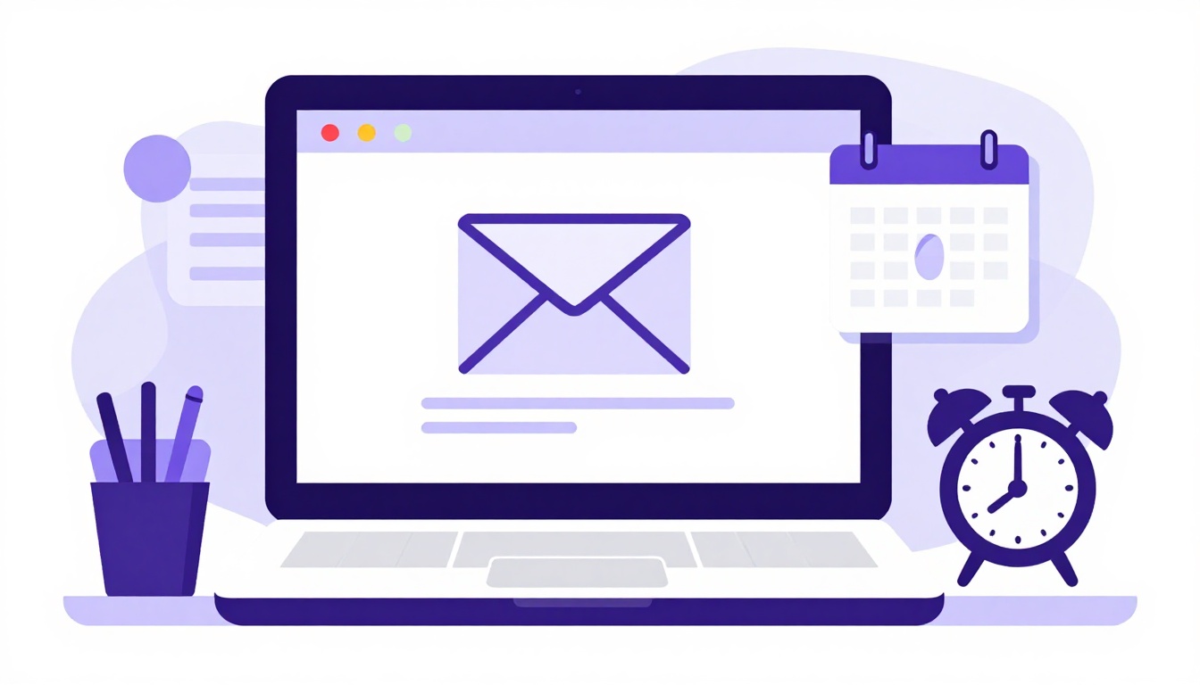 Notebook com e-mail aberto ao lado de calendário com data marcada e despertador, ilustrando prazos e e-mails em inglês corporativo