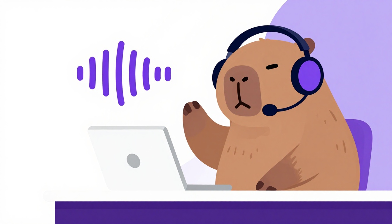 Capivara de fones de ouvido com microfone falando com confiança, ilustrando a prática em voz alta de termos corporativos em inglês