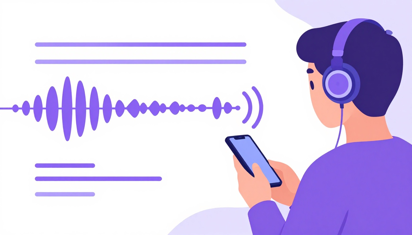 Pessoa usando fones de ouvido e acompanhando um texto em inglês na tela do celular, ambiente claro e tranquilo