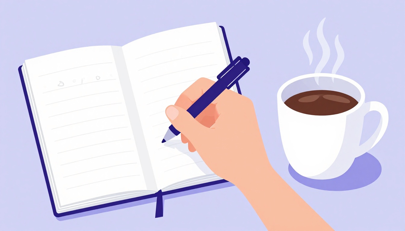 Pessoa segurando um caderno com anotações de vocabulário em inglês, xícara de café ao lado