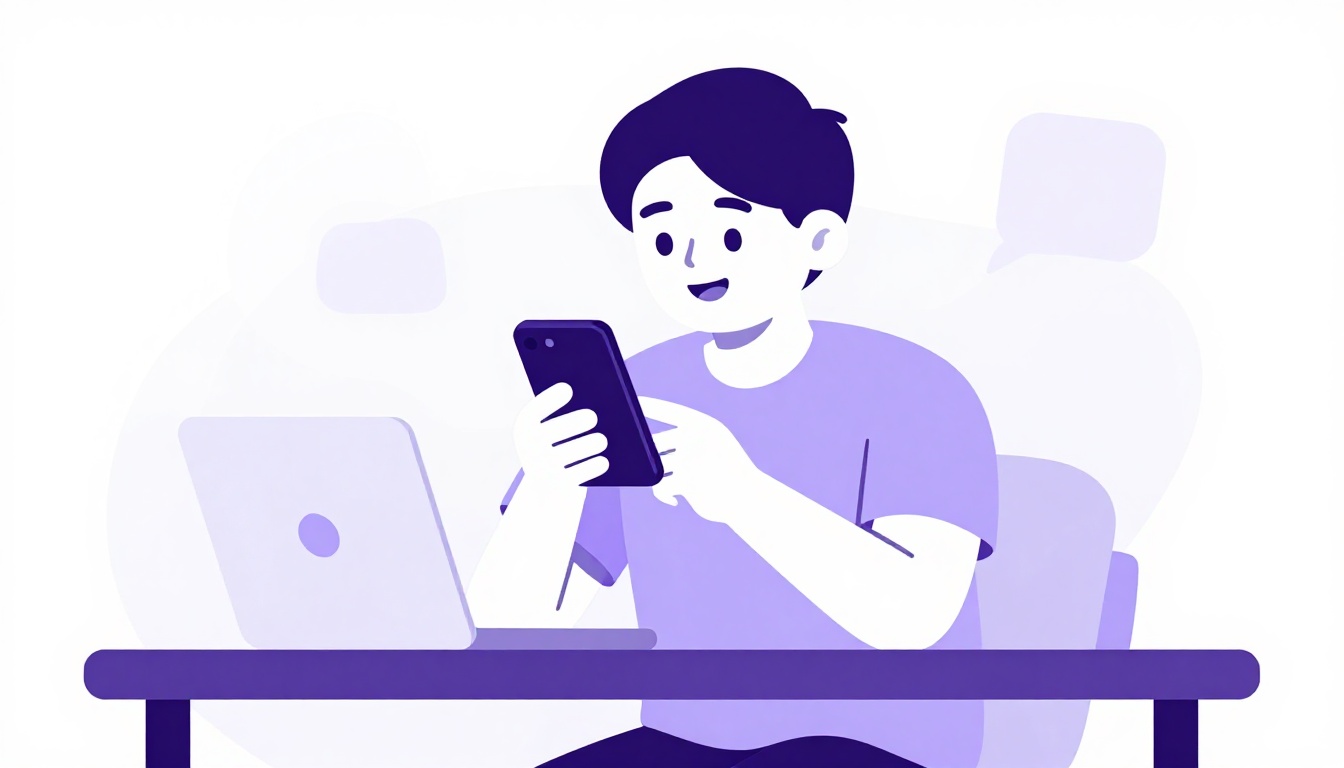 Pessoa sorrindo enquanto fala em voz alta perto do celular, ambiente casual de casa