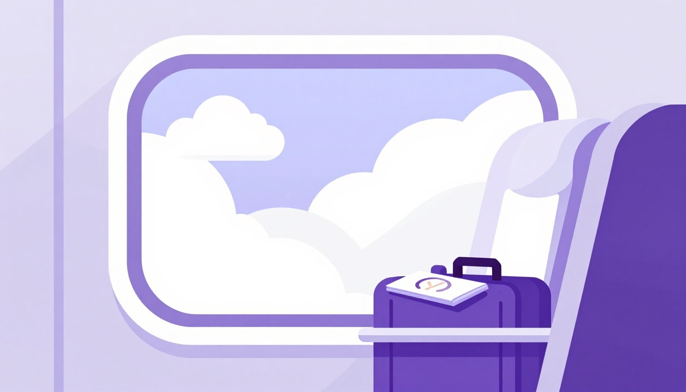 Uma janela de avião com uma mala ao lado, representando um texto em inglês intermediário sobre viagens