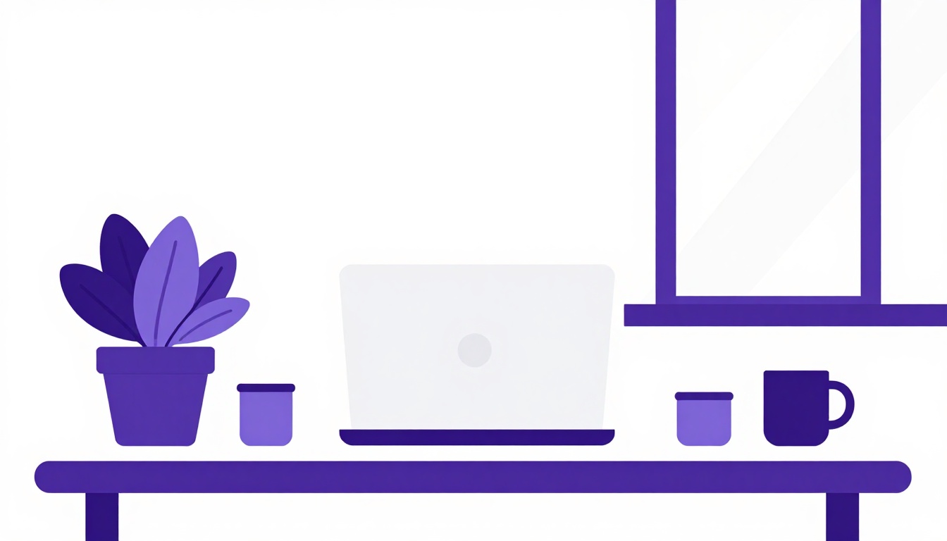 Um laptop, uma xícara de café e uma planta sobre uma mesa de trabalho, representando o home office em um texto em inglês intermediário
