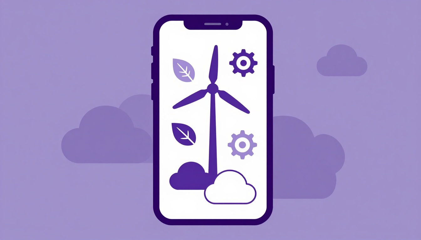 Um smartphone com ícones de folha e engrenagem ao lado de um cata-vento, representando hábitos digitais em um texto em inglês intermediário