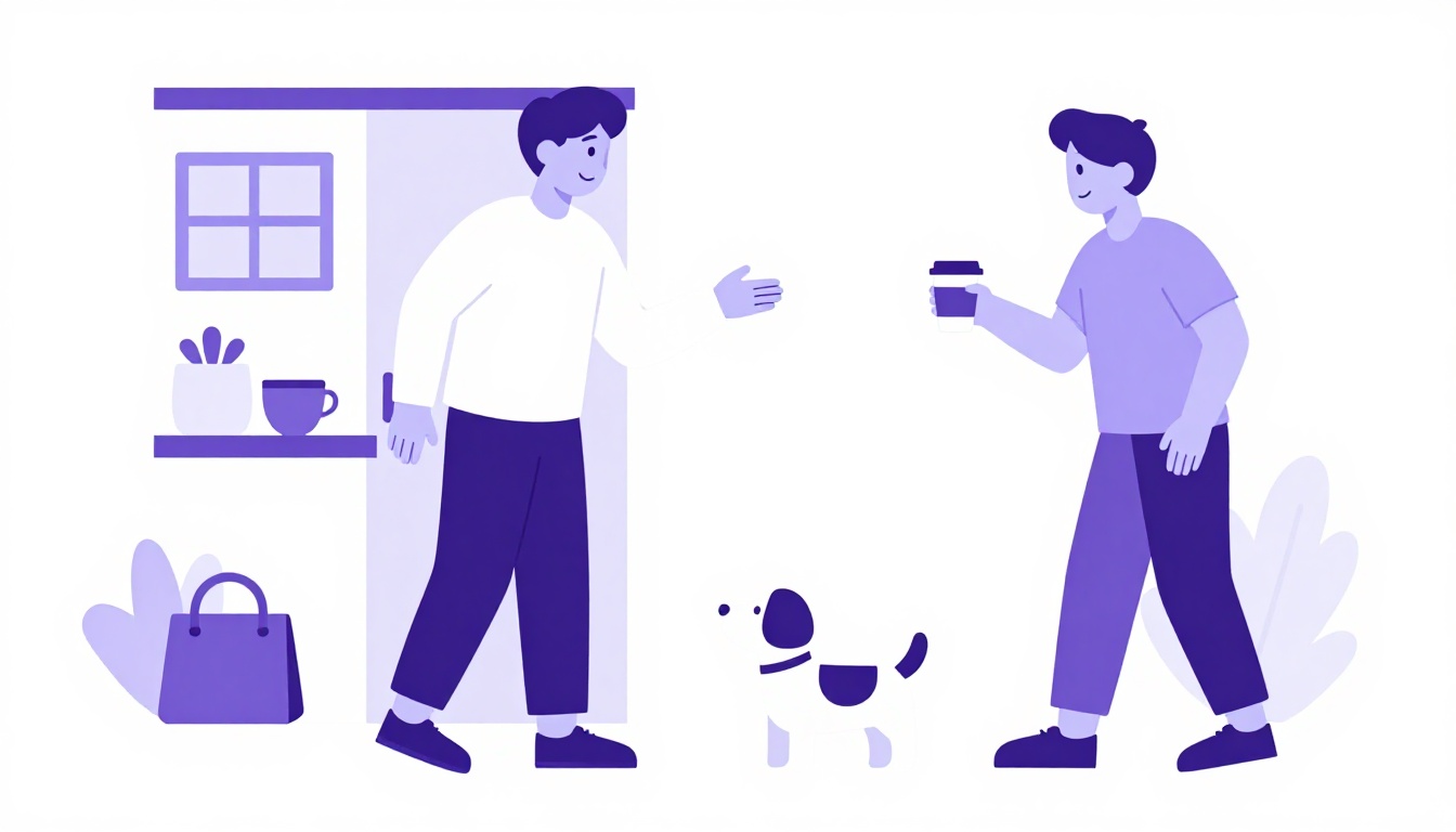uma pessoa cumprimentando um vizinho com um cachorro pequeno na porta de casa, cena do dia a dia usada nos textos de prática