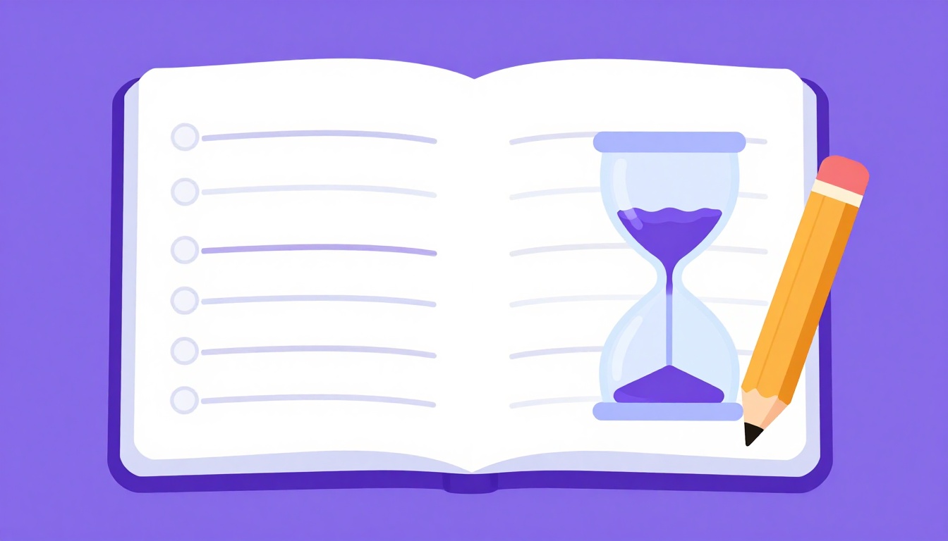 Reloj de arena junto a un cuaderno con cinco pasos anotados, imagen del método de cinco pasos para estudiar textos en inglés B2