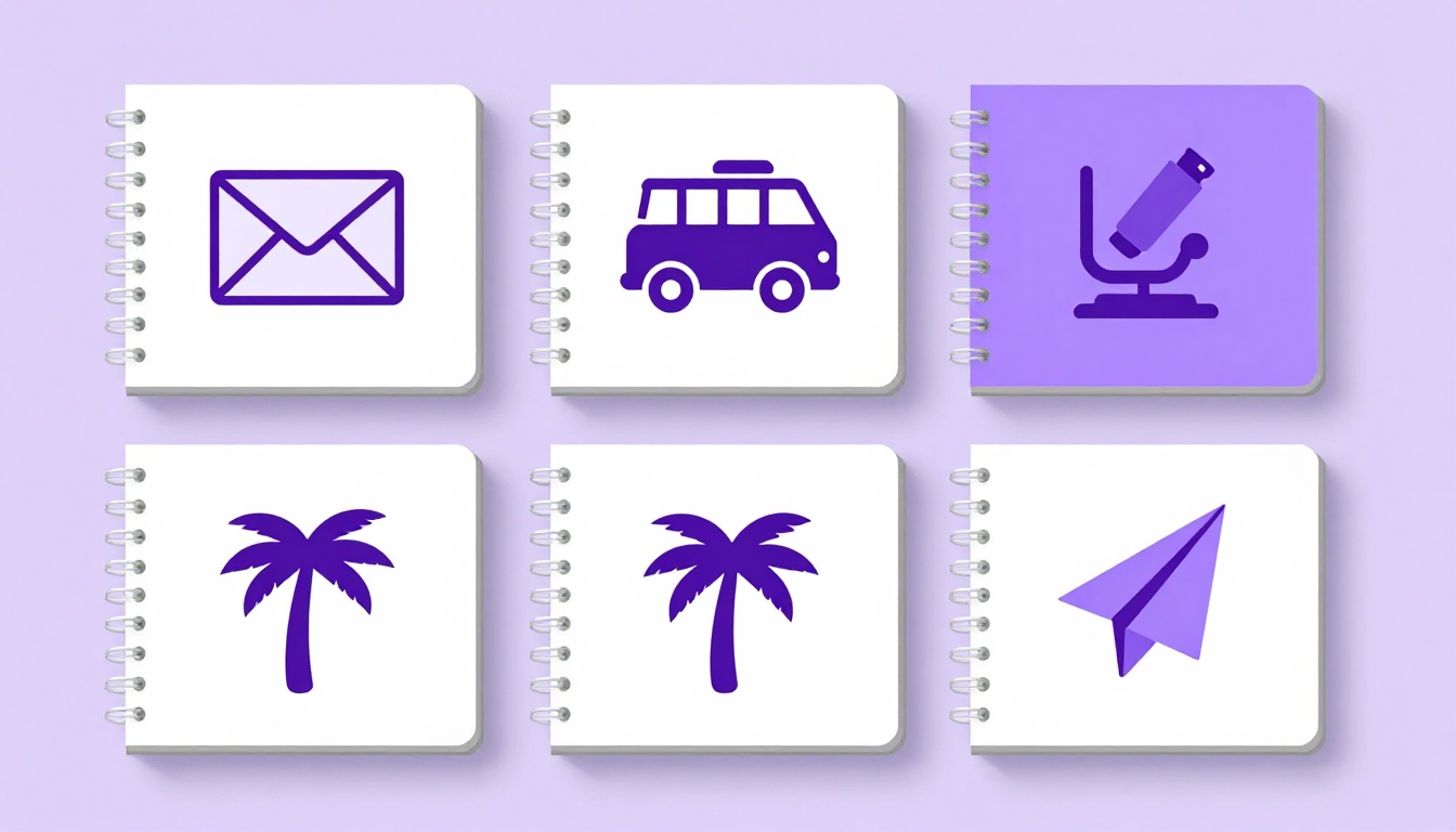 Libretas de colores con un icono distinto en cada una: sobre, tren, microscopio y palmera, imagen de los tipos de textos en inglés B2