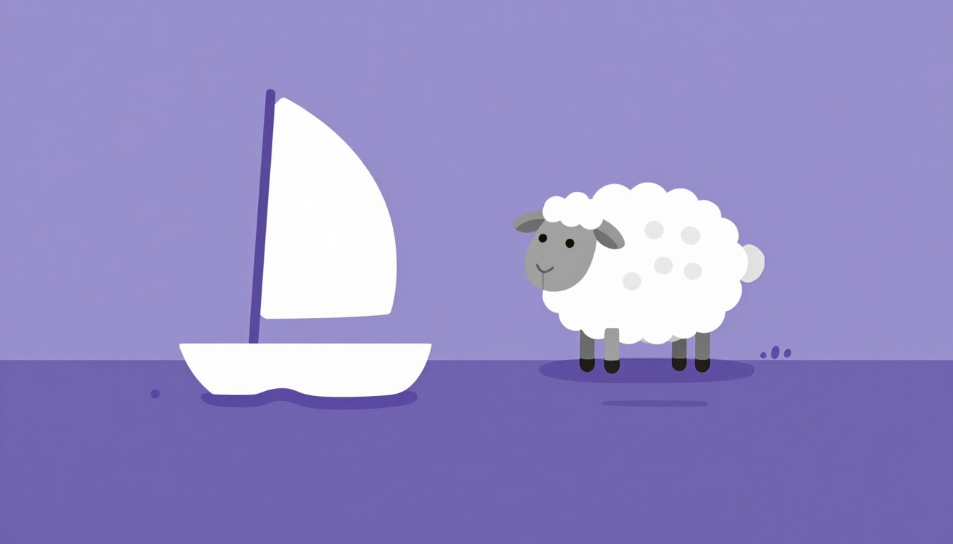 Ilustración de un pequeño barco de vela junto a una oveja en la orilla, representando el contraste entre dos sonidos vocálicos