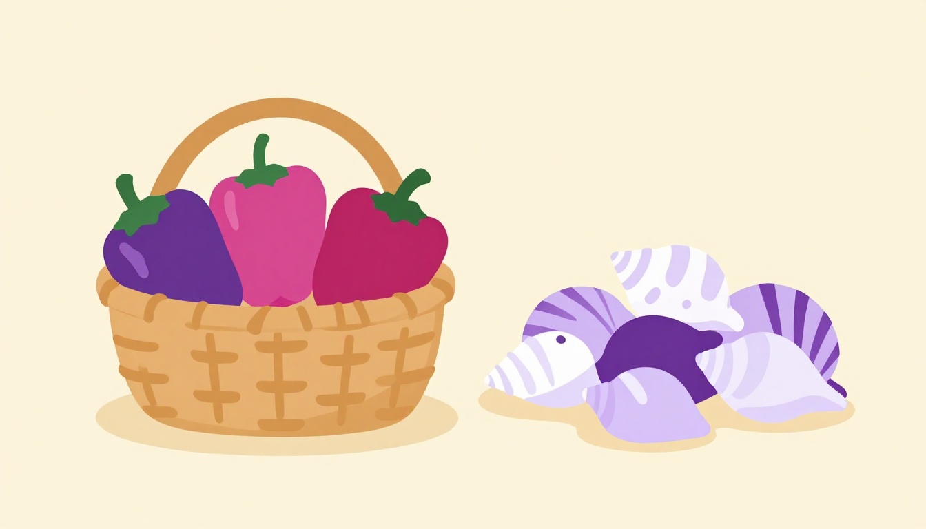 Ilustración de una cesta con pimientos junto a un montón de conchas de mar en la orilla, representando dos trabalenguas clásicos del inglés