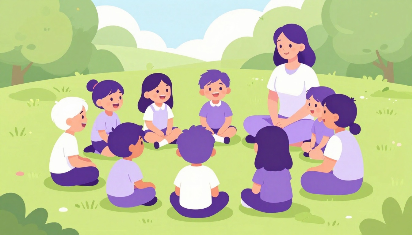 Ilustración de un grupo de niños alegres sentados en círculo riendo juntos al aire libre