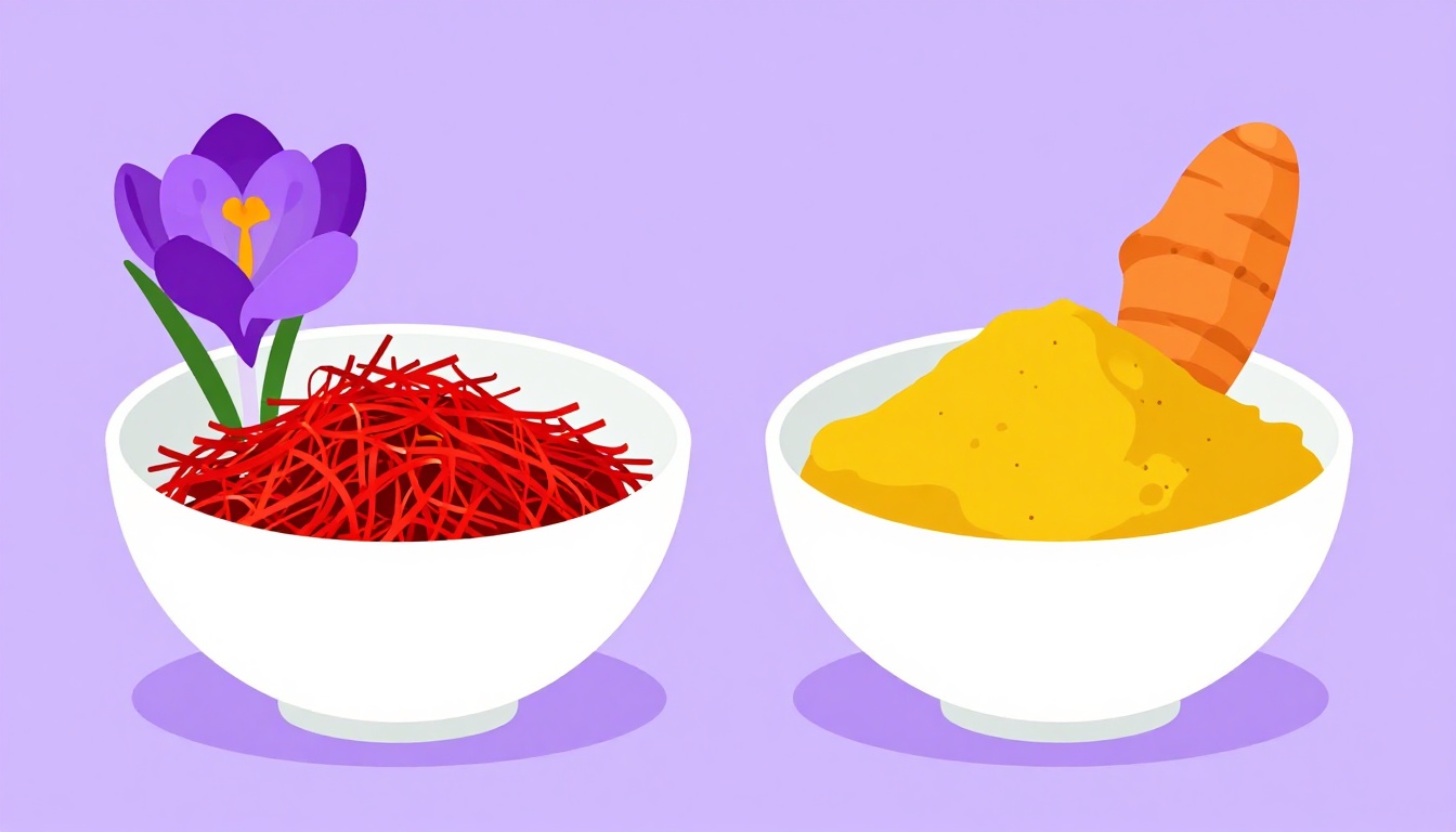 Saffron threads with a crocus flower next to turmeric powder and root, showing açafrão versus cúrcuma