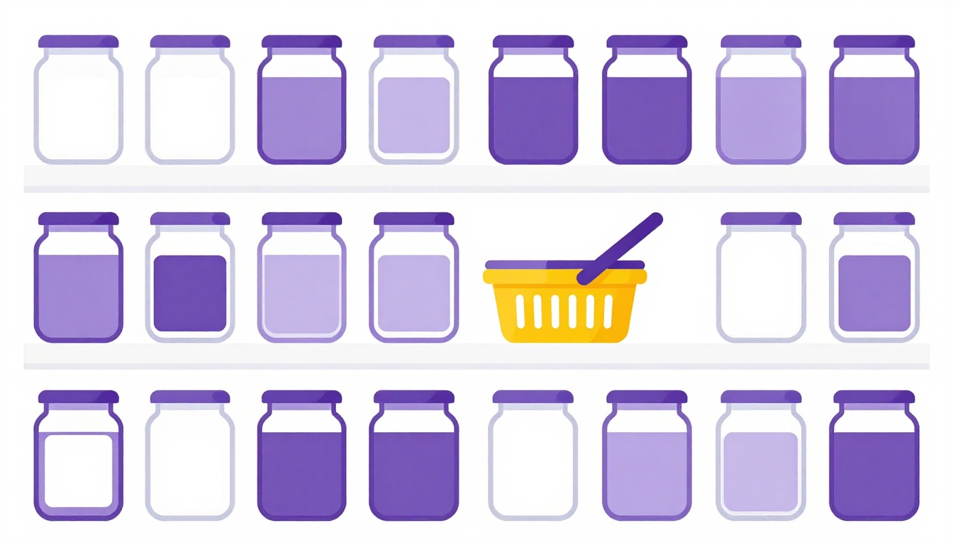 Shelf of spice jars and a shopping basket, for buying turmeric in a Portuguese-speaking supermarket