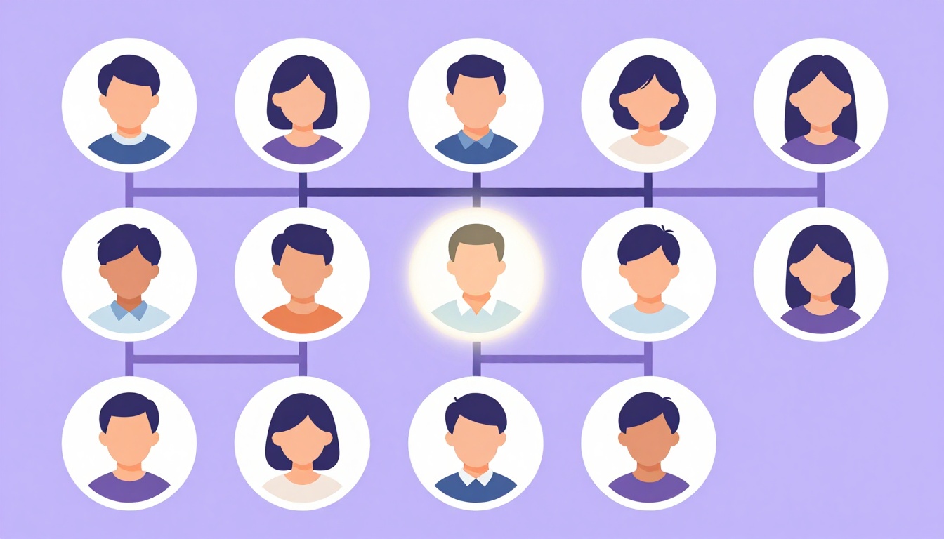 A family tree of round portraits with one uncle highlighted, showing tio in the family